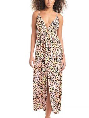 88$ BAR III Women's Animal Print Swim Cover-Up Maxi Dress Size XL Multicolor
